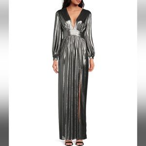 Gianni Bini Zella Metallic Plunging V-Neck Long Sleeve Gown